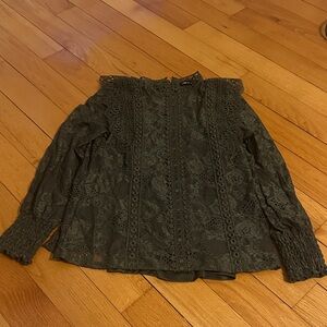 Cable & Gauge Black Lace Long-Sleeve Blouse with Crochet Panels